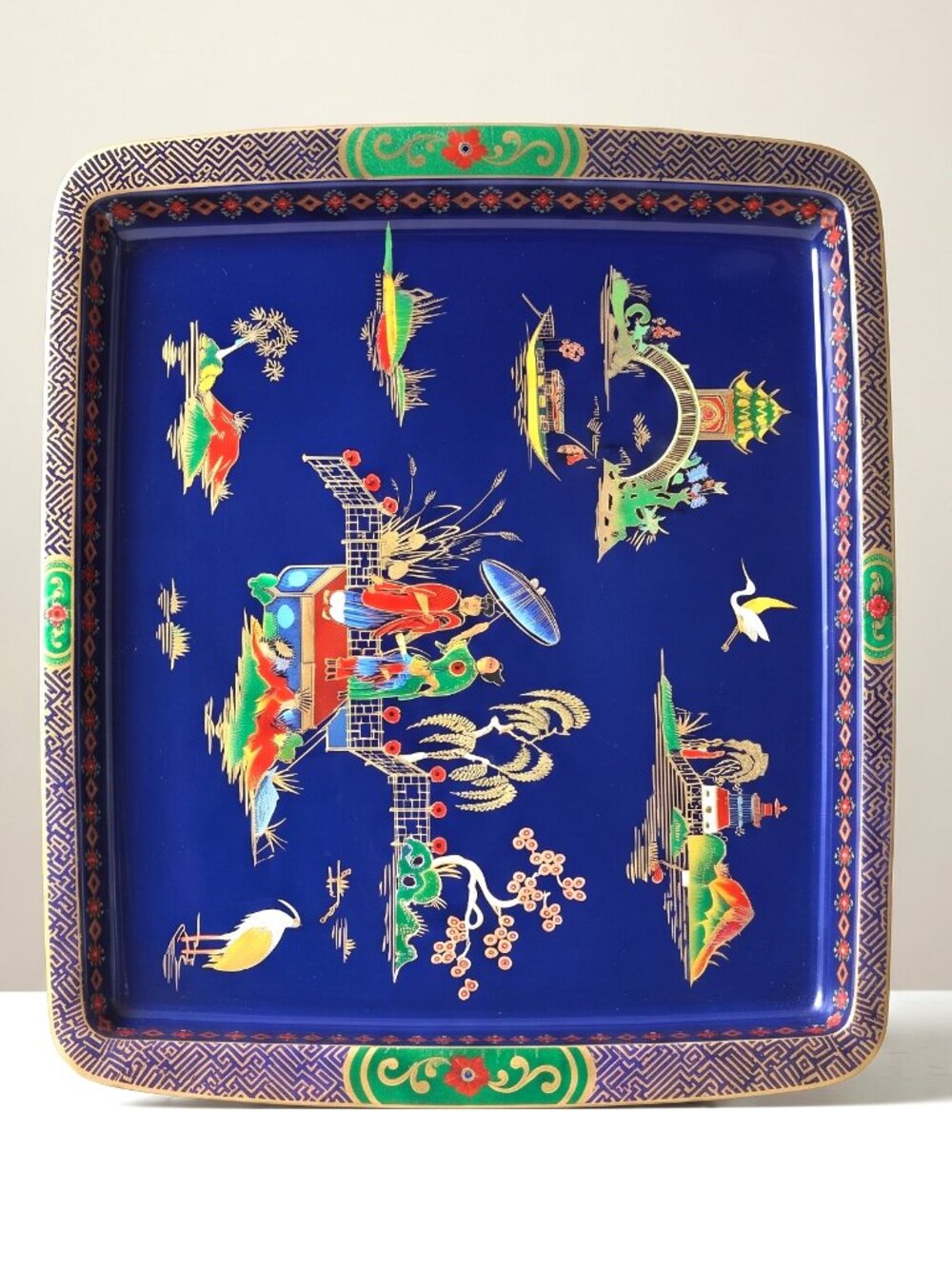 Daher England Chinoiserie Blue Metal Serving Tray Pagoda Birds Gold Trim 17.5"
